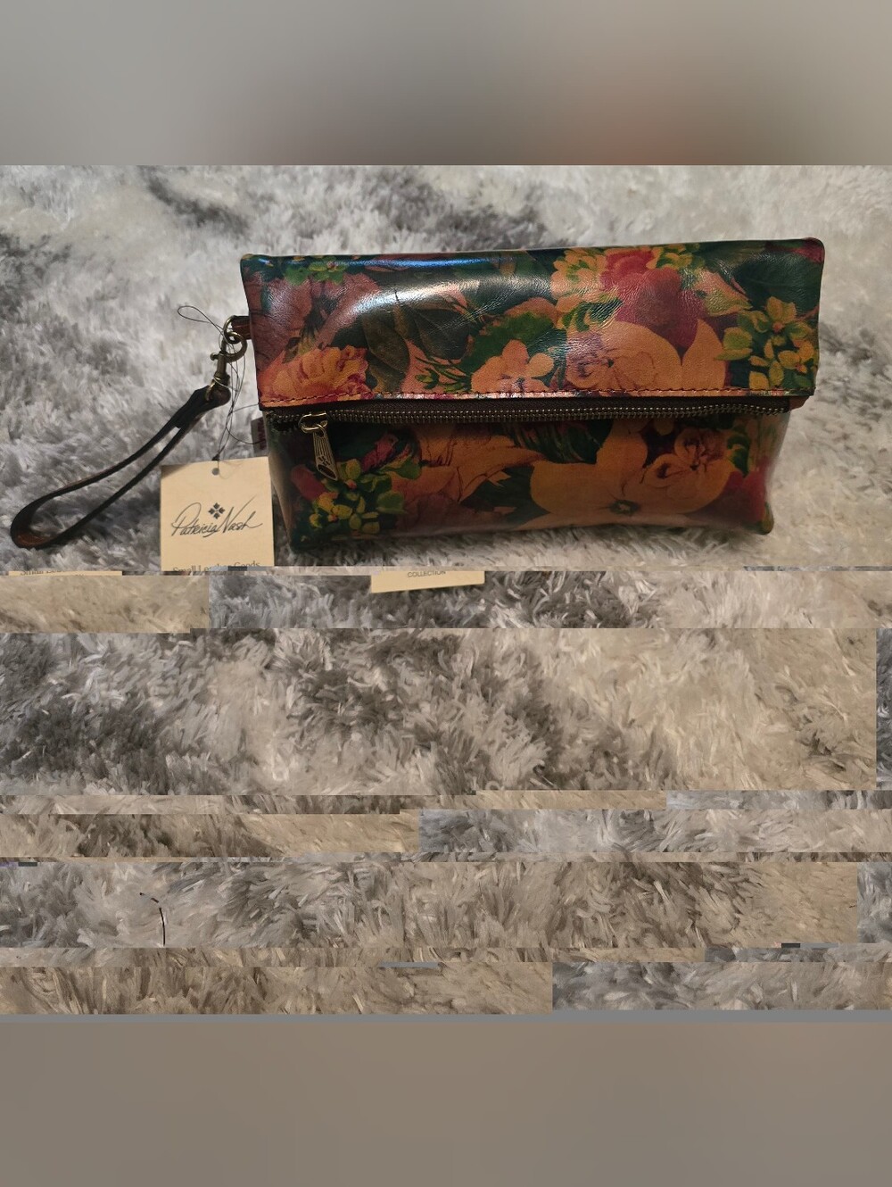 Patricia Nash Floral Fold-Over Leather Wristlet in Green, Orange & Pink